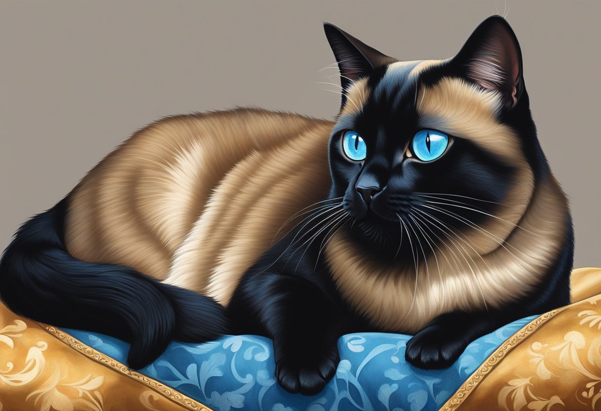 A regal Bombay Siamese mix cat lounges on a velvet cushion, its sleek black fur glistening in the sunlight. Its piercing blue eyes exude intelligence and grace, reflecting its royal lineage