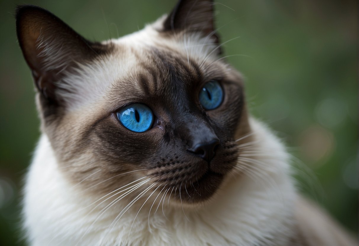 A blue-eyed Siamese cat gazes lovingly at its owner, displaying loyalty and affection