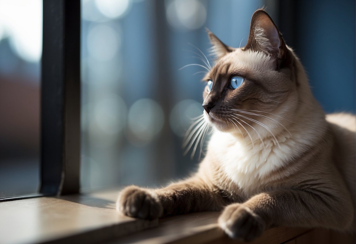 A blue-eyed Siamese cat is perched on a windowsill, gazing intently at a passing bird. Its tail twitches with anticipation as it emits soft, high-pitched chirps