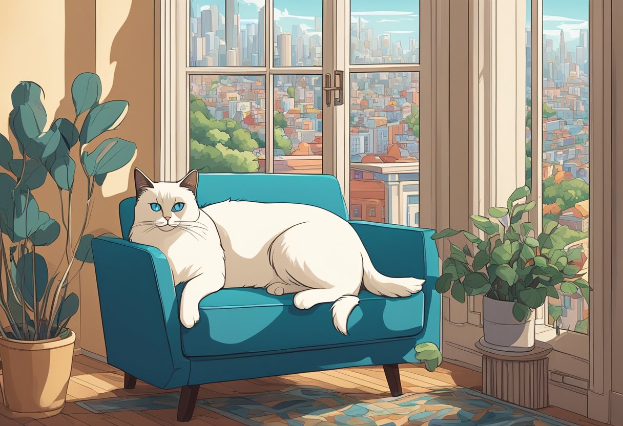 A Birman cat lounges in a cozy, sunlit living room, while a Siamese cat perches on a windowsill overlooking a bustling city street