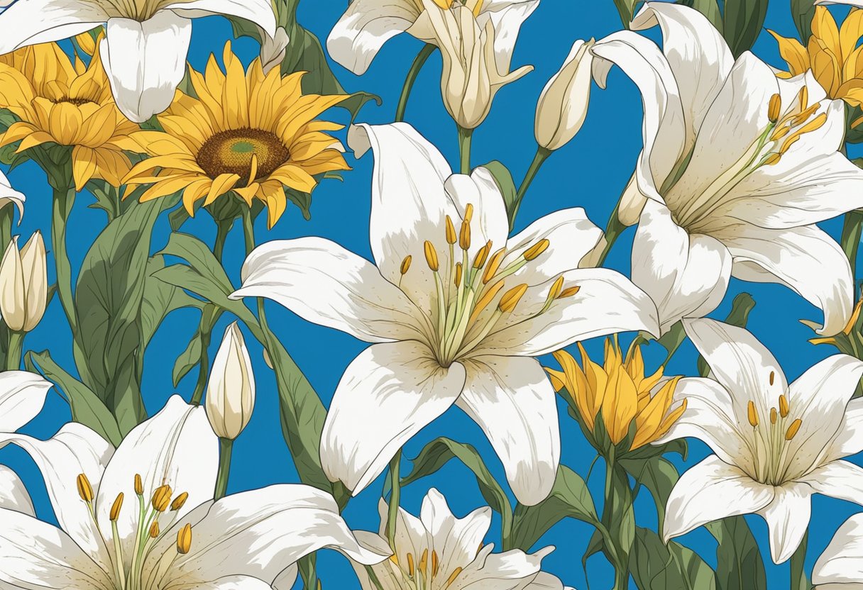 A vibrant garden of blooming white lilies and golden sunflowers, with a clear blue sky and a gentle breeze