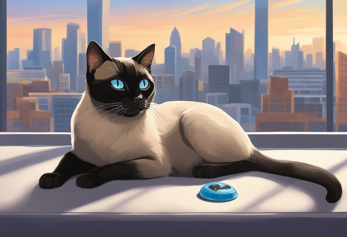 A Bombay Siamese mix cat lounges on a plush cushion, gazing out a window at the city skyline, with a bowl of fresh water and a toy mouse nearby