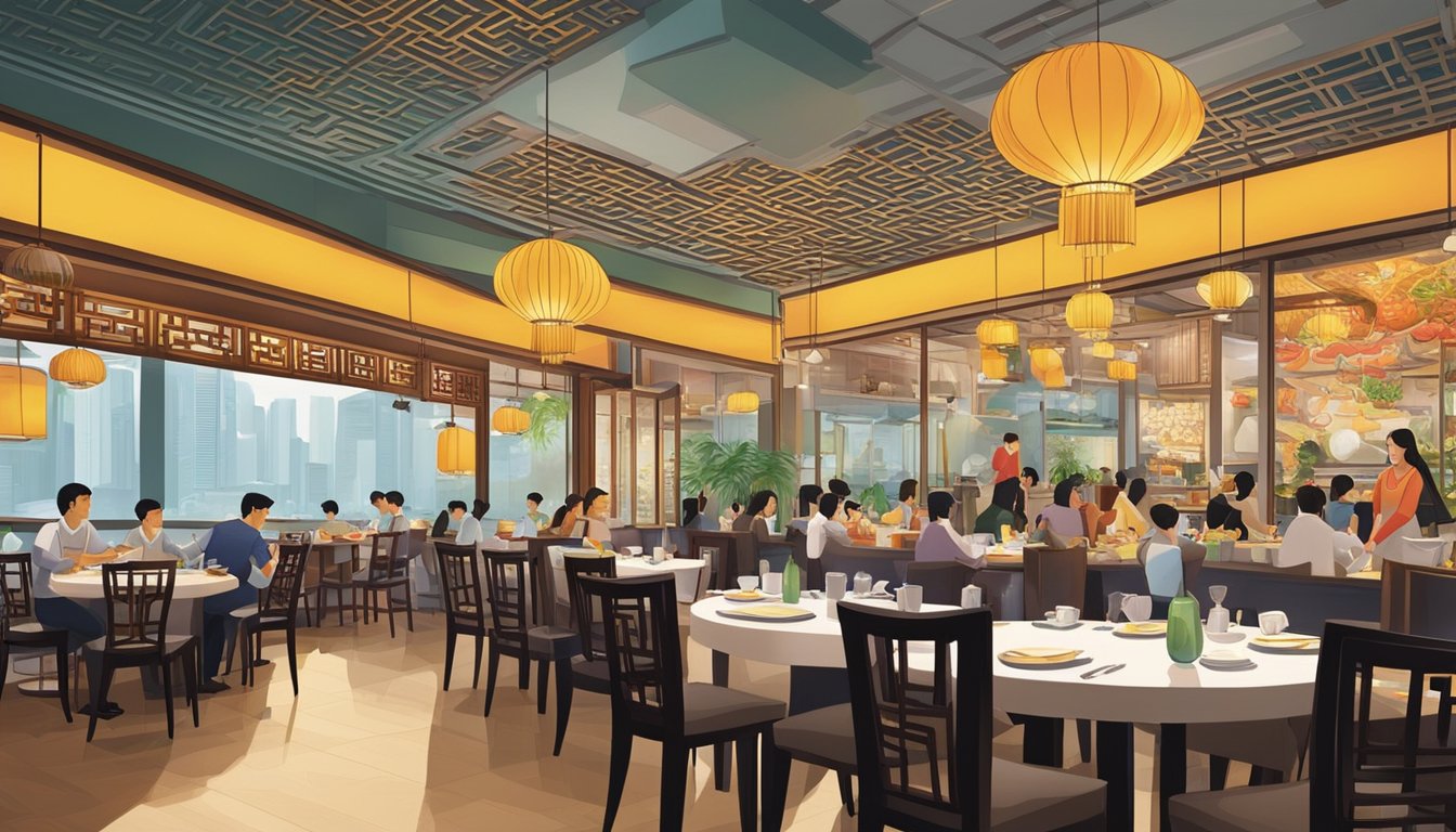 A bustling modern Chinese restaurant in Singapore, with vibrant decor and a lively atmosphere. The aroma of sizzling woks and exotic spices fills the air as diners enjoy delectable dishes at sleek tables