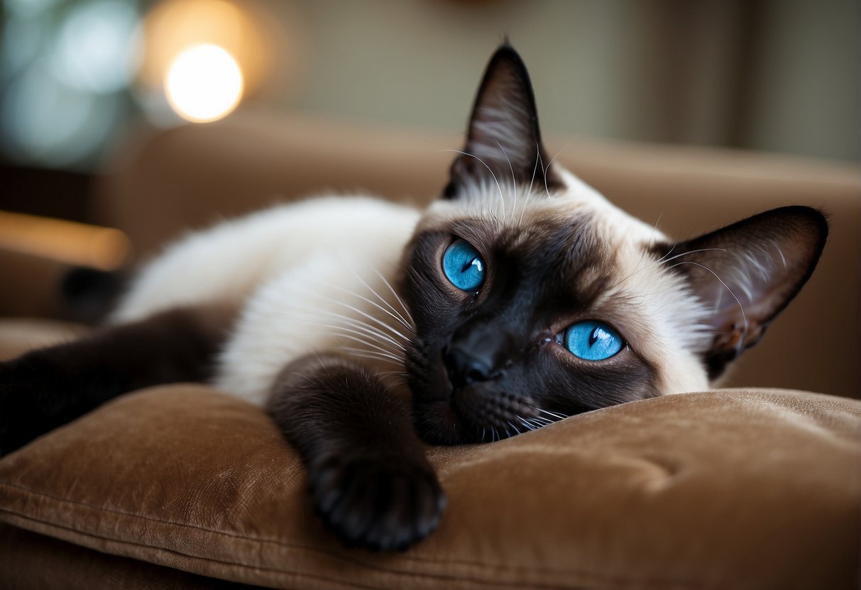 A sleek, blue-eyed Siamese cat lounges on a velvet cushion, its slender body draped in elegant curves, and its tail curled around its paws