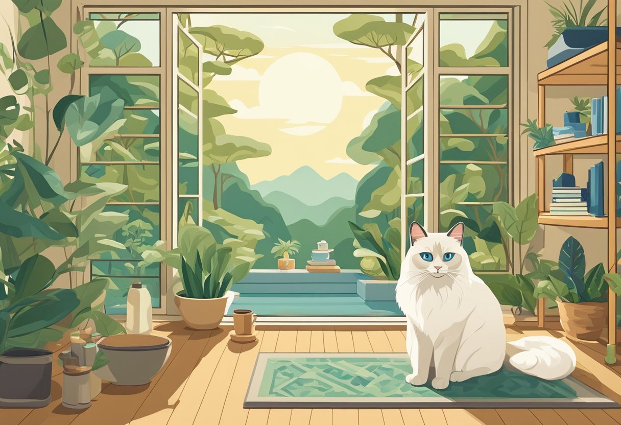A Birman cat and a Siamese cat face off in a peaceful, sunlit room, surrounded by calming greenery and soothing wellness products