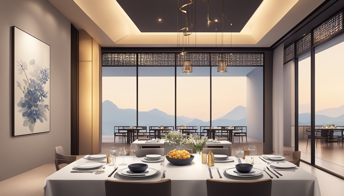 A sleek, minimalist dining space with ambient lighting, elegant table settings, and a backdrop of contemporary Chinese artwork