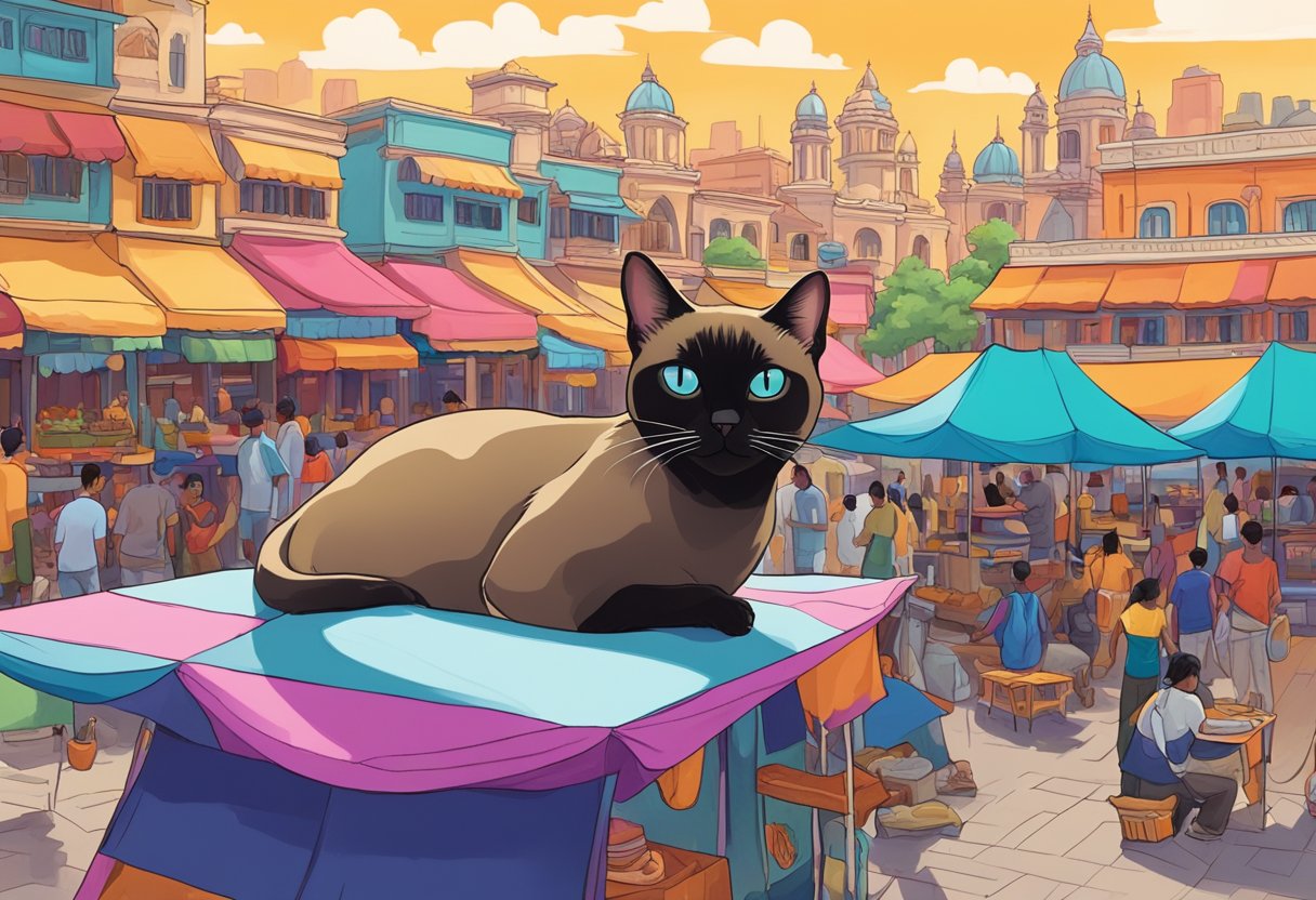 A Bombay Siamese mix cat lounges in a vibrant, bustling city square, surrounded by people, food stalls, and colorful buildings