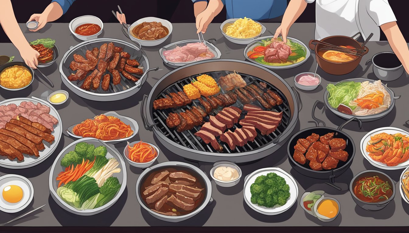Tables filled with sizzling meats and colorful side dishes at the bustling best Korean BBQ restaurant in Seoul