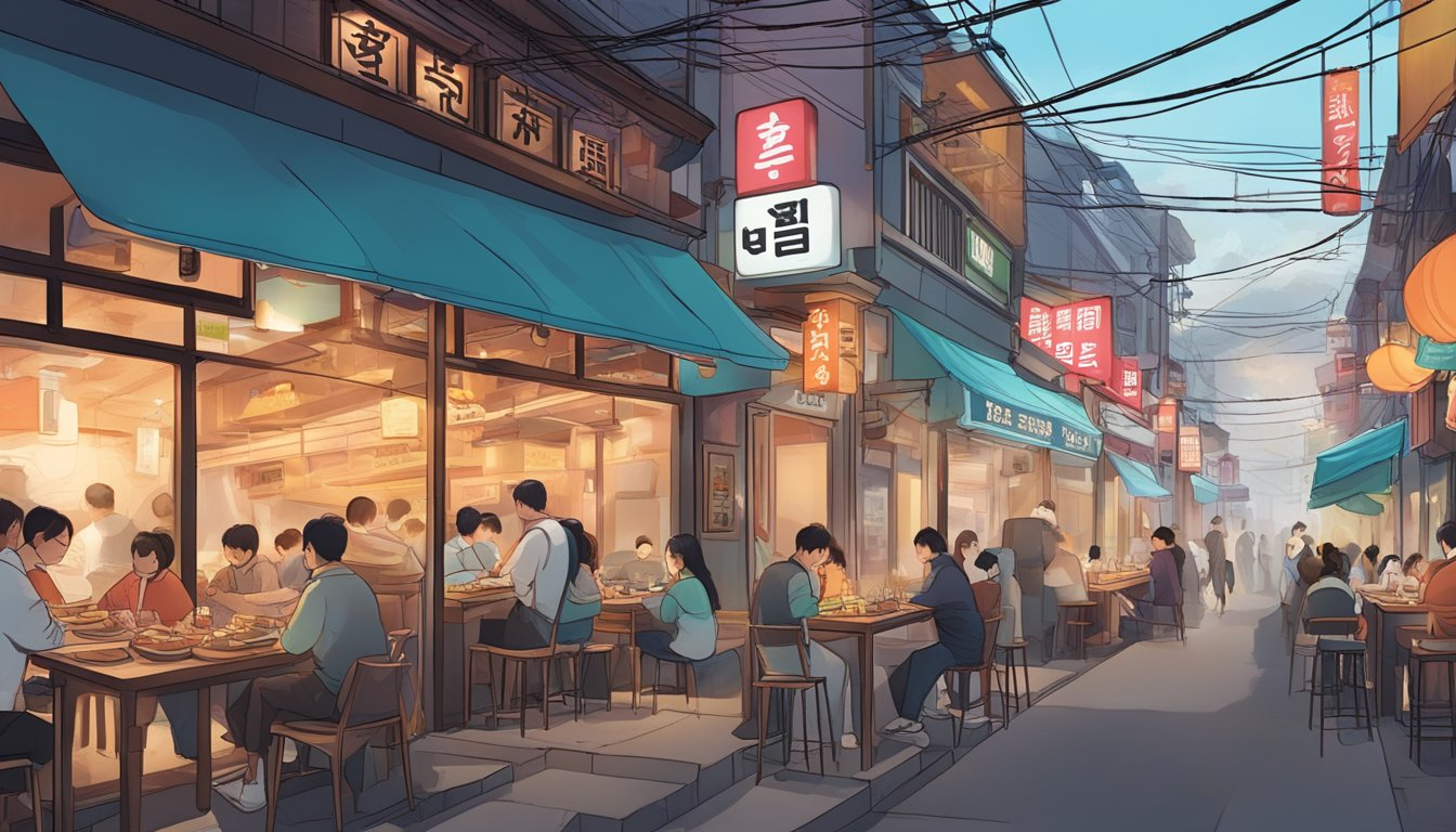 A bustling street lined with vibrant signs leads to a modern Korean BBQ restaurant in Seoul. Smoke billows from grills as diners enjoy sizzling meats and traditional side dishes