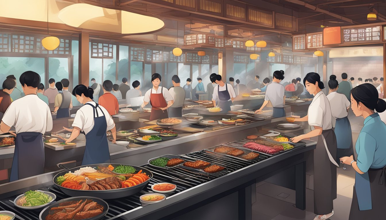 A bustling Korean BBQ restaurant in Seoul, with sizzling grills, colorful side dishes, and a busy staff serving customers