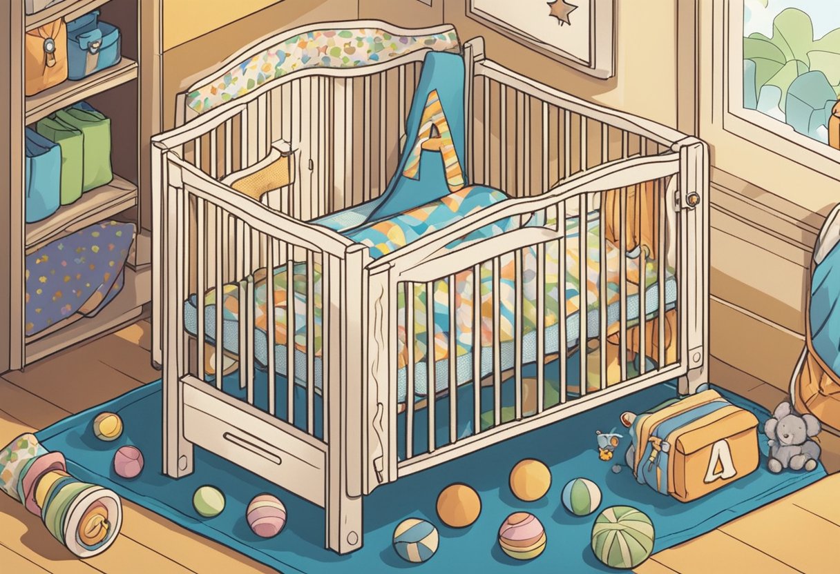 A small crib with the name "Alfie" written in colorful letters, surrounded by toys and baby blankets