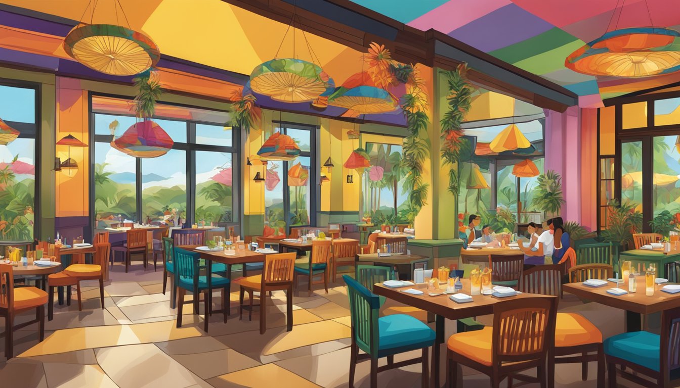 The vibrant and lively atmosphere of Ilustrado restaurant, with colorful decor and bustling activity, captures the essence of Filipino culture and cuisine