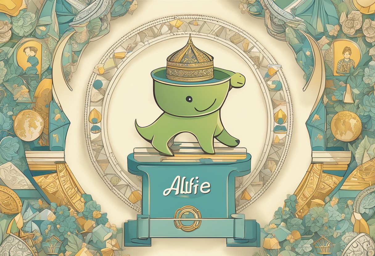 A baby name "Alfie" displayed on a popularity chart with cultural symbols and diverse influences surrounding it