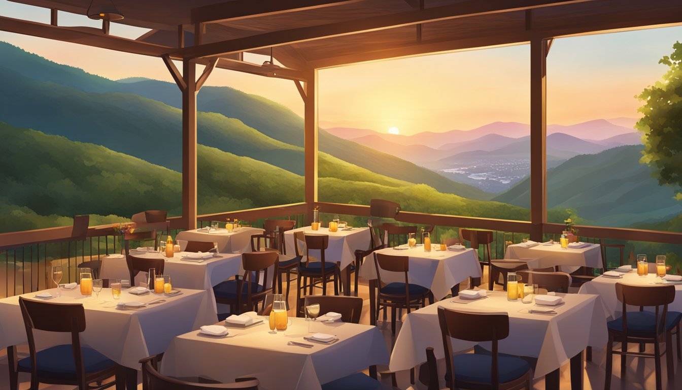 A hilltop restaurant overlooks a lush valley, with tables set for dining and a warm glow from the setting sun