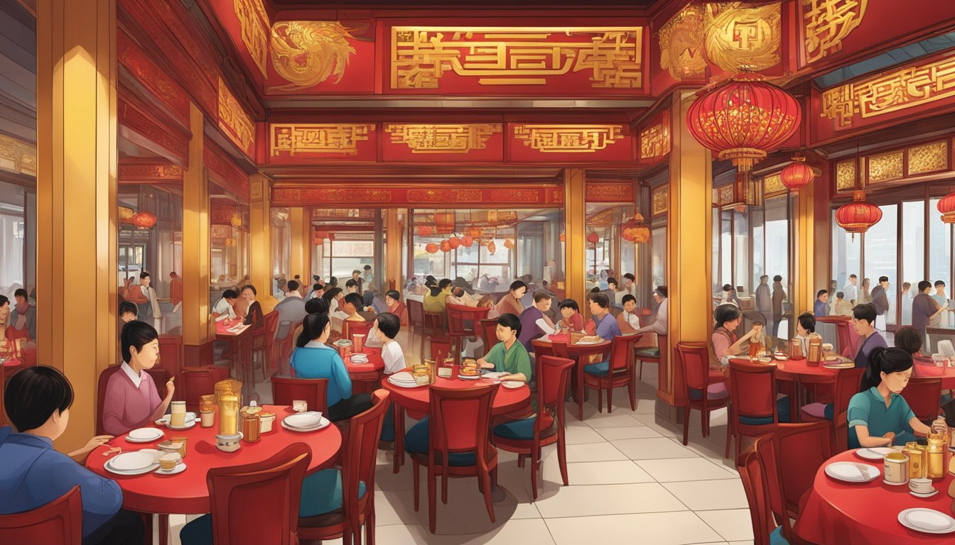 The bustling Bugis Junction Chinese restaurant, filled with diners and adorned with traditional red and gold decor