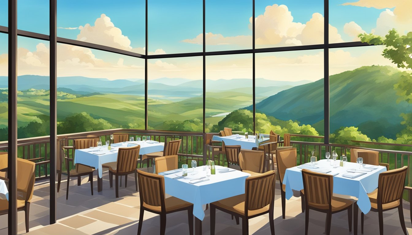 A hilltop restaurant overlooks a scenic landscape, with lush greenery and a clear blue sky. The dining area features elegant tables and chairs, surrounded by panoramic views