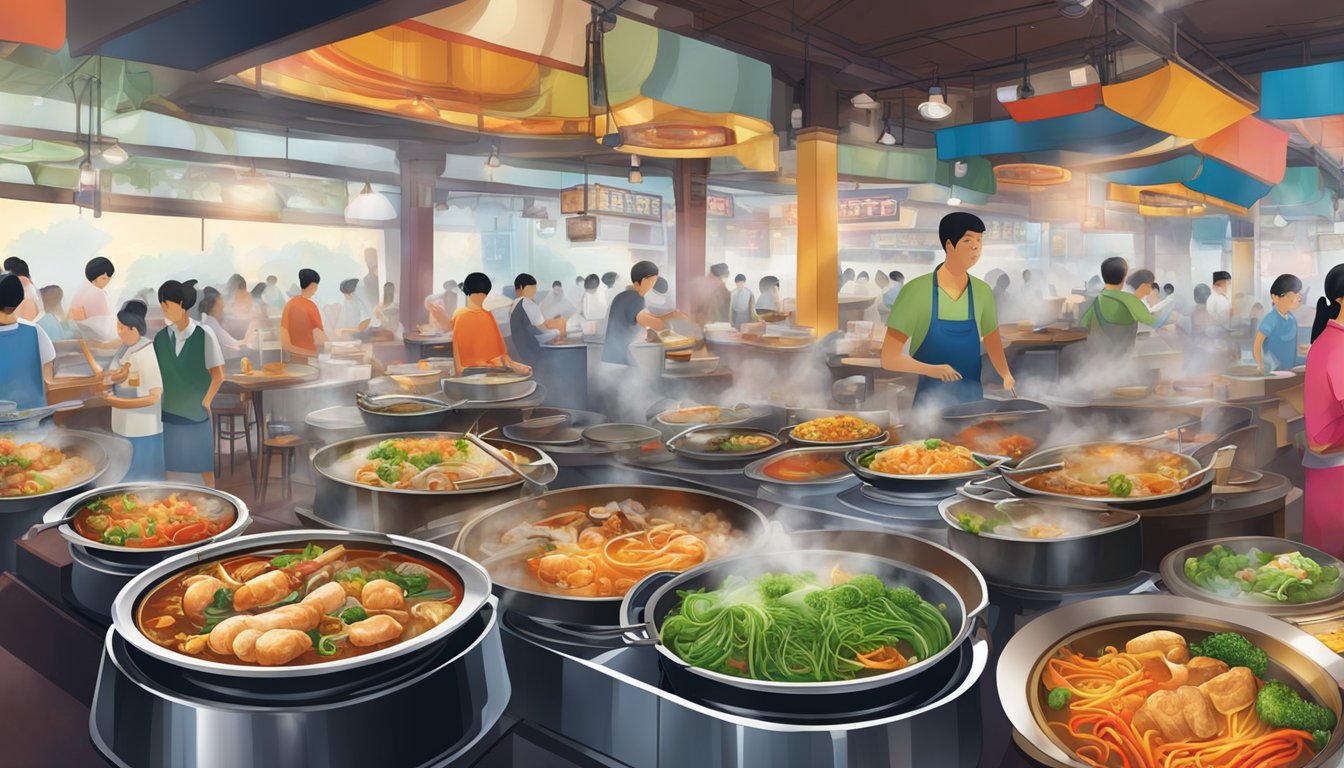 Colorful Chinese dishes fill the bustling restaurant at Bugis Junction, with steaming pots and sizzling woks creating a lively and aromatic atmosphere