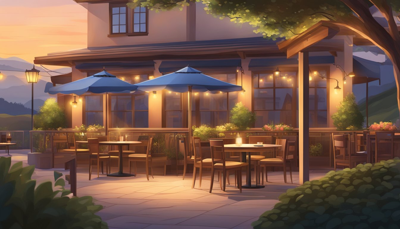 The sun sets behind a hill, casting a warm glow over a cozy restaurant. Lush greenery surrounds the outdoor seating area, while soft lighting creates a welcoming ambiance