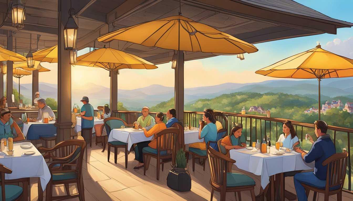 The hilltop restaurant bustles with diners enjoying panoramic views and savoring delicious meals. The outdoor seating area is adorned with colorful umbrellas, while the interior exudes a cozy ambiance with warm lighting and rustic decor