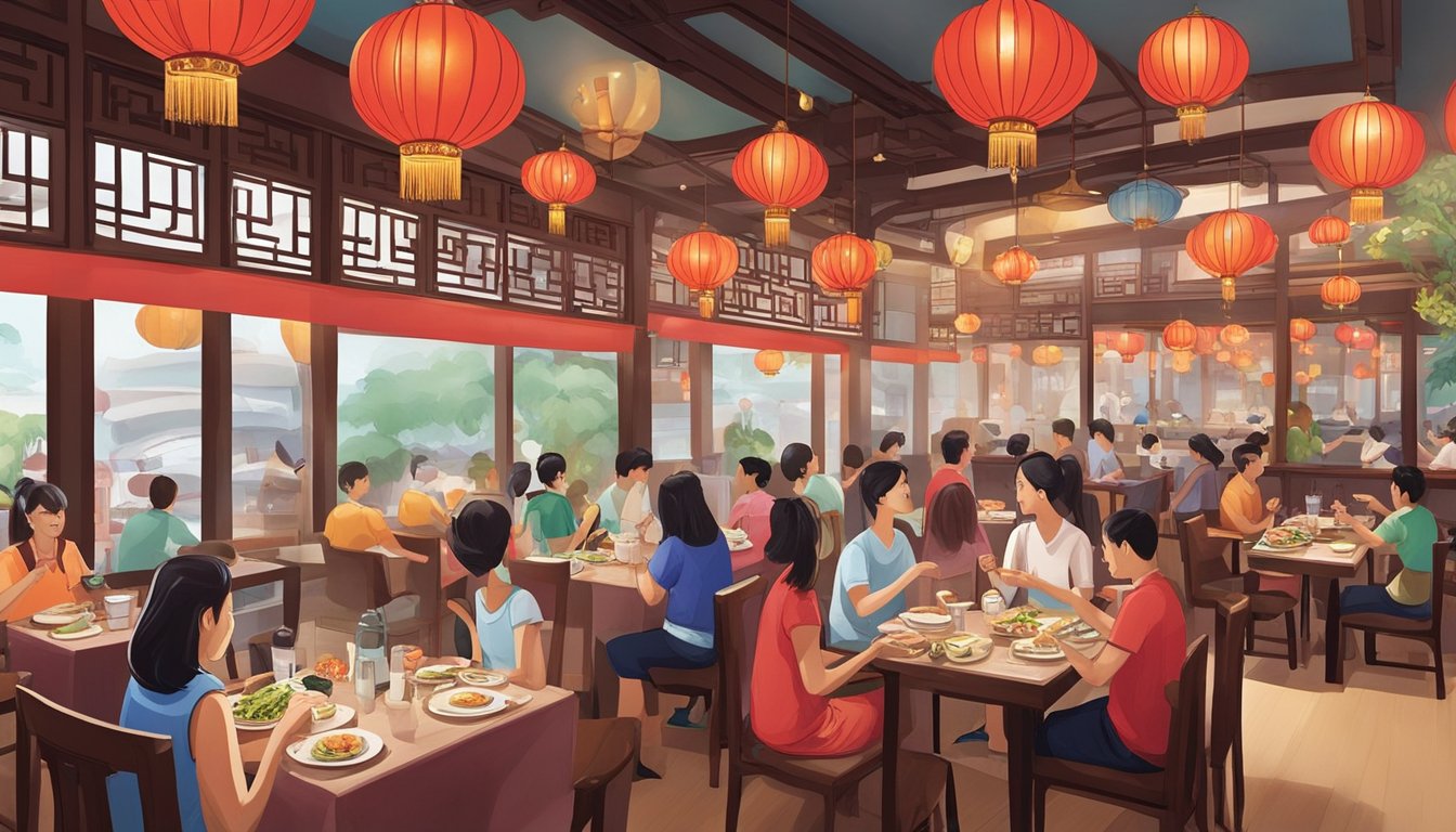 Diners enjoy traditional Chinese cuisine at Bugis Junction's bustling restaurant. The aroma of sizzling stir-fry fills the air as colorful dishes are served. Tables are adorned with red lanterns and intricate chopstick holders