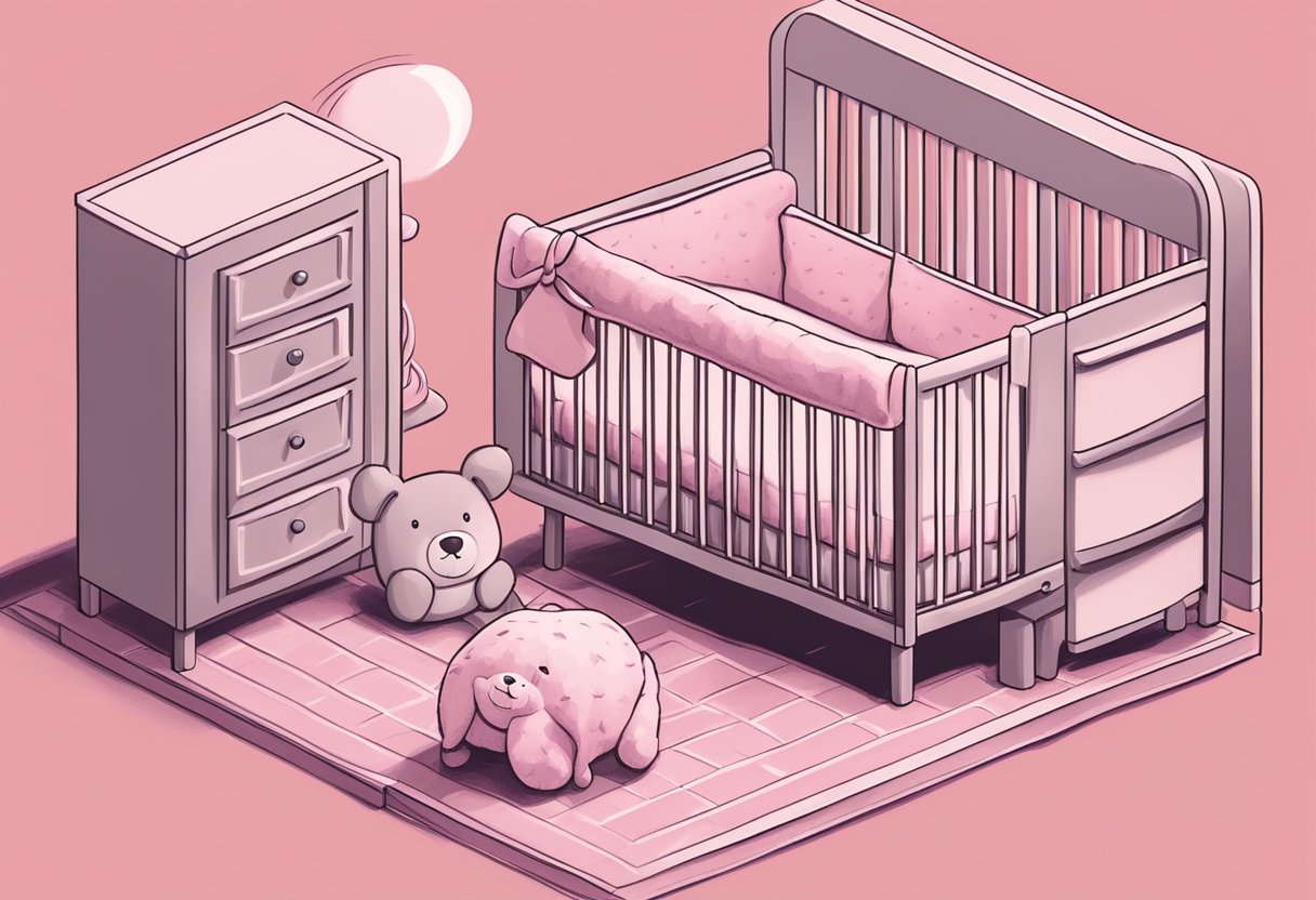 A crib with a soft, pink blanket and a small, plush toy