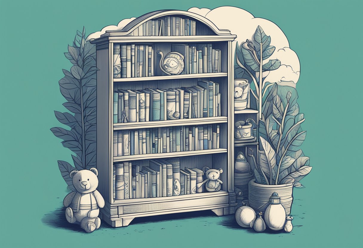 A bookshelf with "Alma" written on spines, surrounded by baby items like rattles and onesies