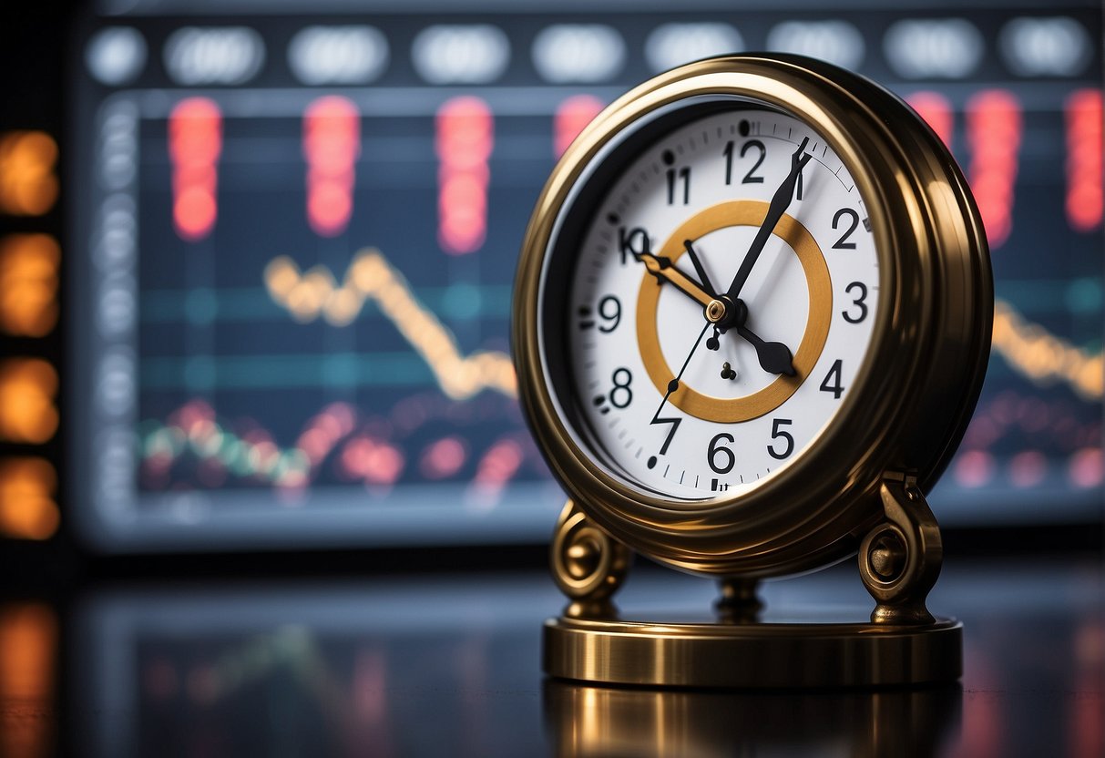 A clock and a stock market graph are juxtaposed, with the clock showing different time periods and the graph depicting fluctuations in market performance
