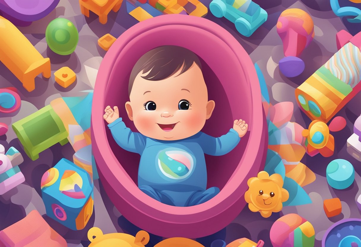 A smiling baby named Alva surrounded by colorful toys and a cozy blanket