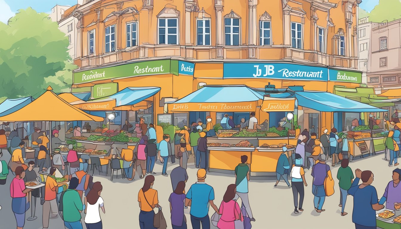 People bustling around food stalls in the lively city square, with the JB restaurant sign shining brightly in the background