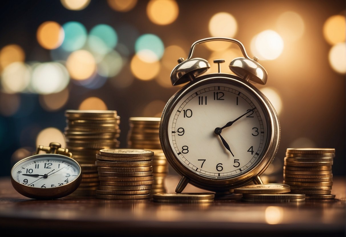 A diverse array of assets spread across a table, including stocks, bonds, real estate, and commodities. A clock in the background symbolizes the concept of market timing