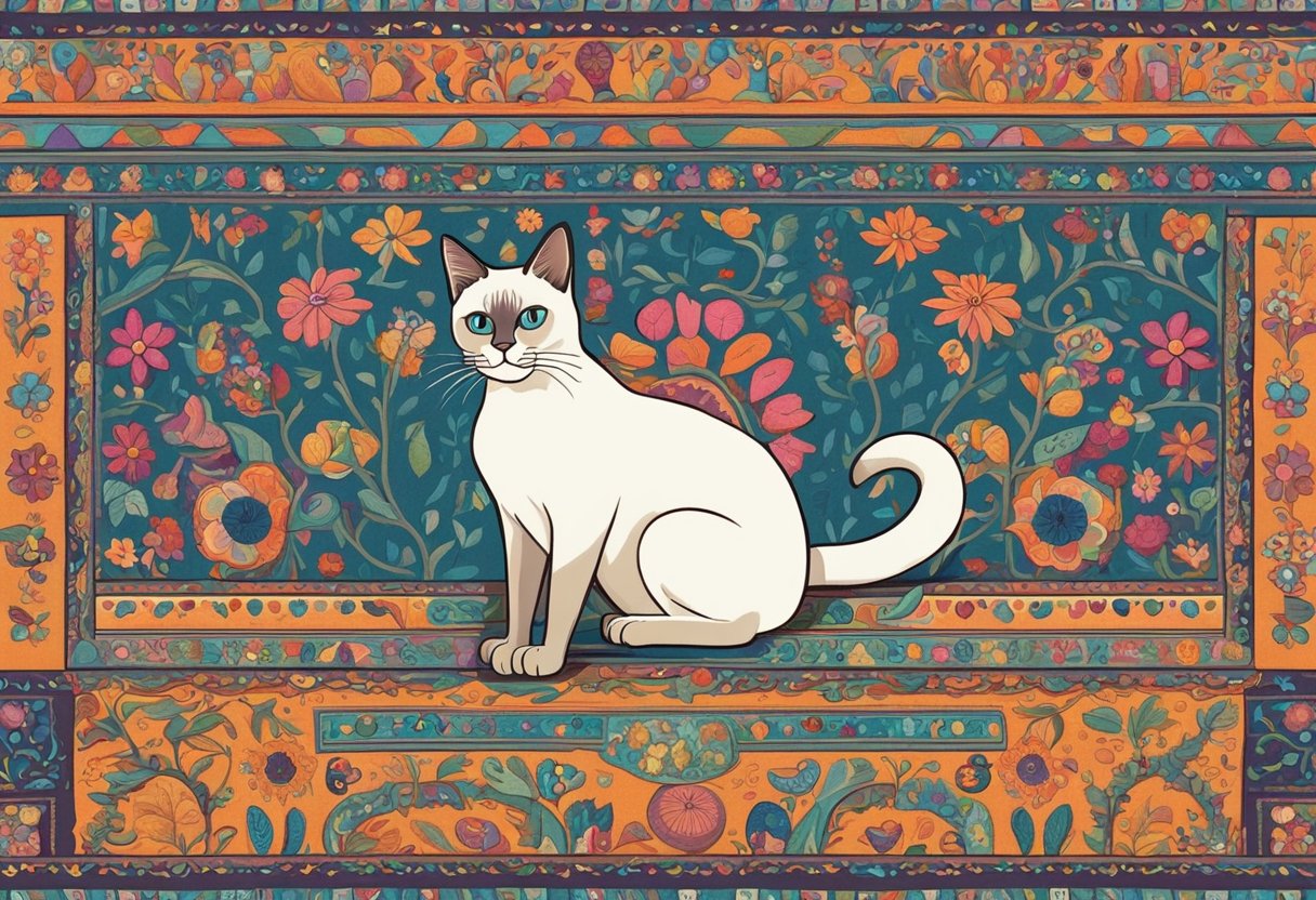 A cross-eyed Siamese cat sits on a colorful rug, with a curious expression and its tail curled around its paws