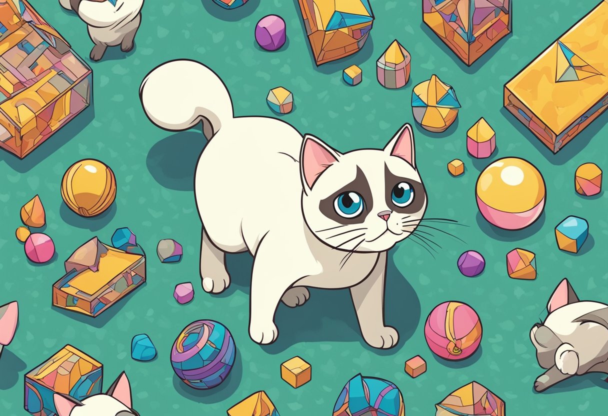 A Siamese cat with crossed eyes stares curiously at a dangling toy, its tail twitching with excitement