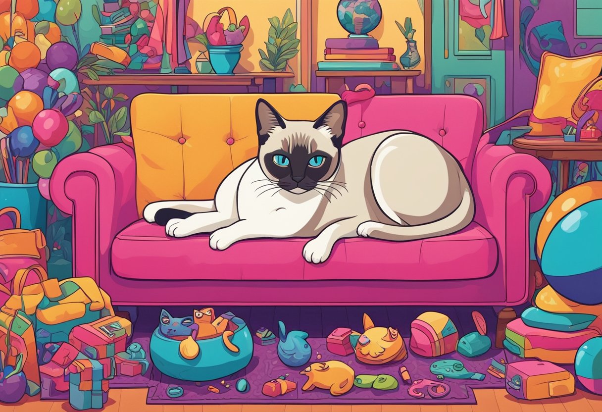 A cross-eyed Siamese cat lounges on a colorful, crooked couch surrounded by whimsical toys and playful decorations. The cat's mischievous expression adds to the quirky and playful atmosphere