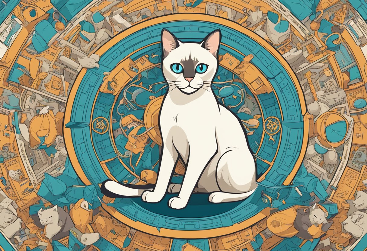 A cross-eyed Siamese cat stares confidently, surrounded by myth-busting symbols and health issue indicators