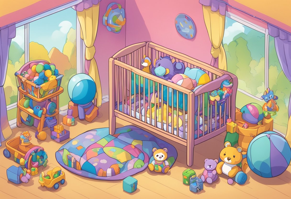 A small crib with the name "Aliyas" written on it in colorful letters, surrounded by toys and stuffed animals