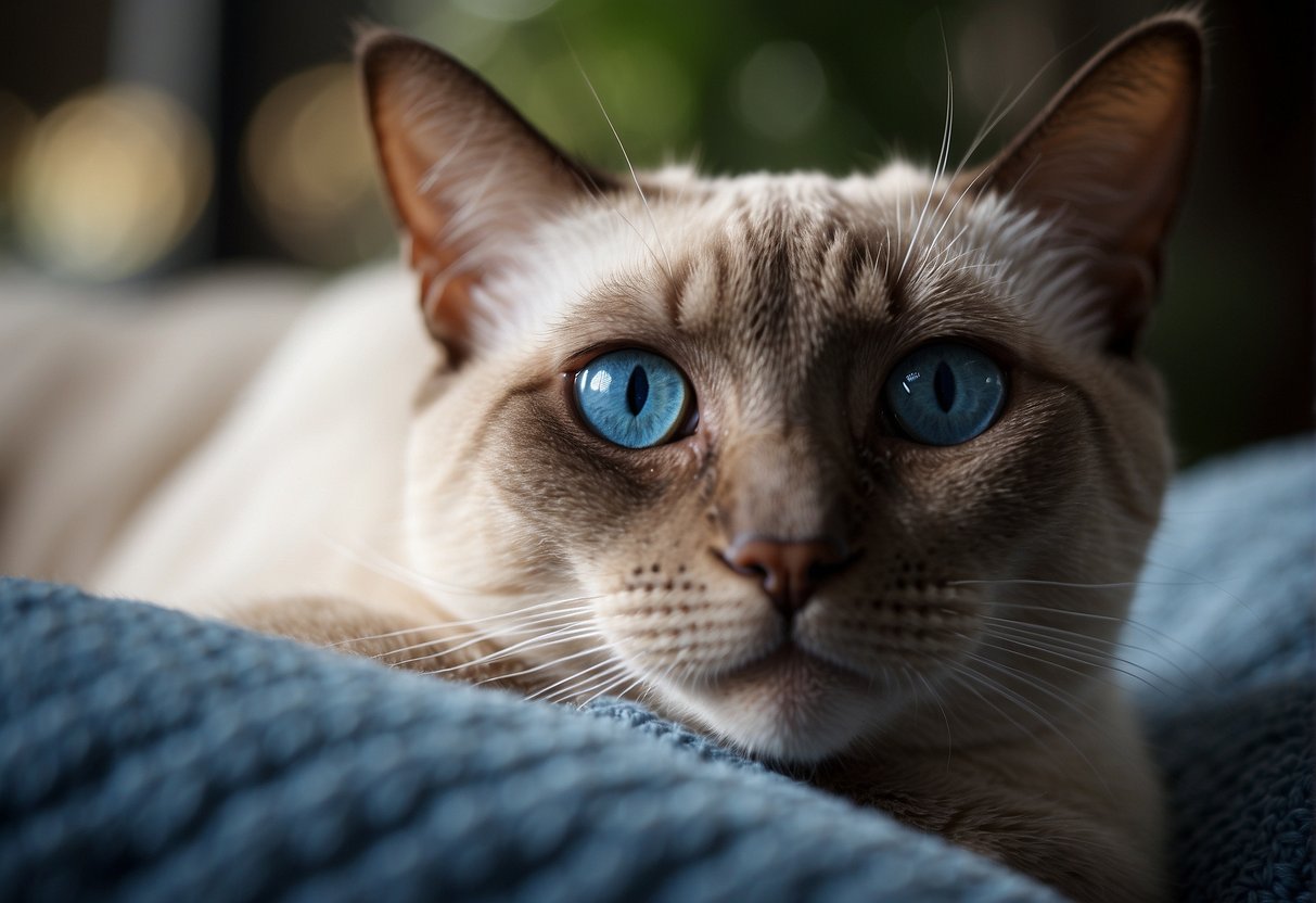 A sleek Chocolate Point Siamese cat lounges on a plush cushion, its piercing blue eyes gazing off into the distance
