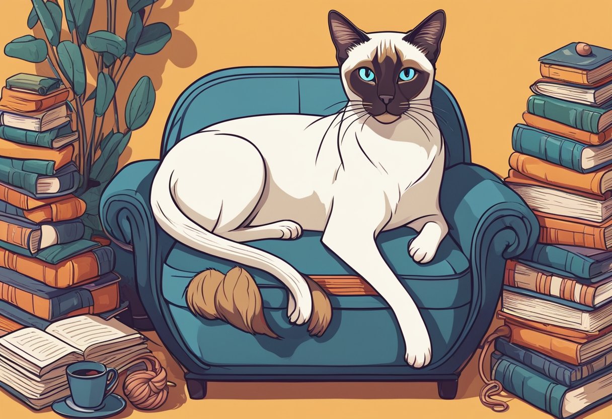 A cross-eyed Siamese cat sits on a cozy armchair, surrounded by books and yarn. Its tail is curled up, and it gazes off into the distance, lost in thought