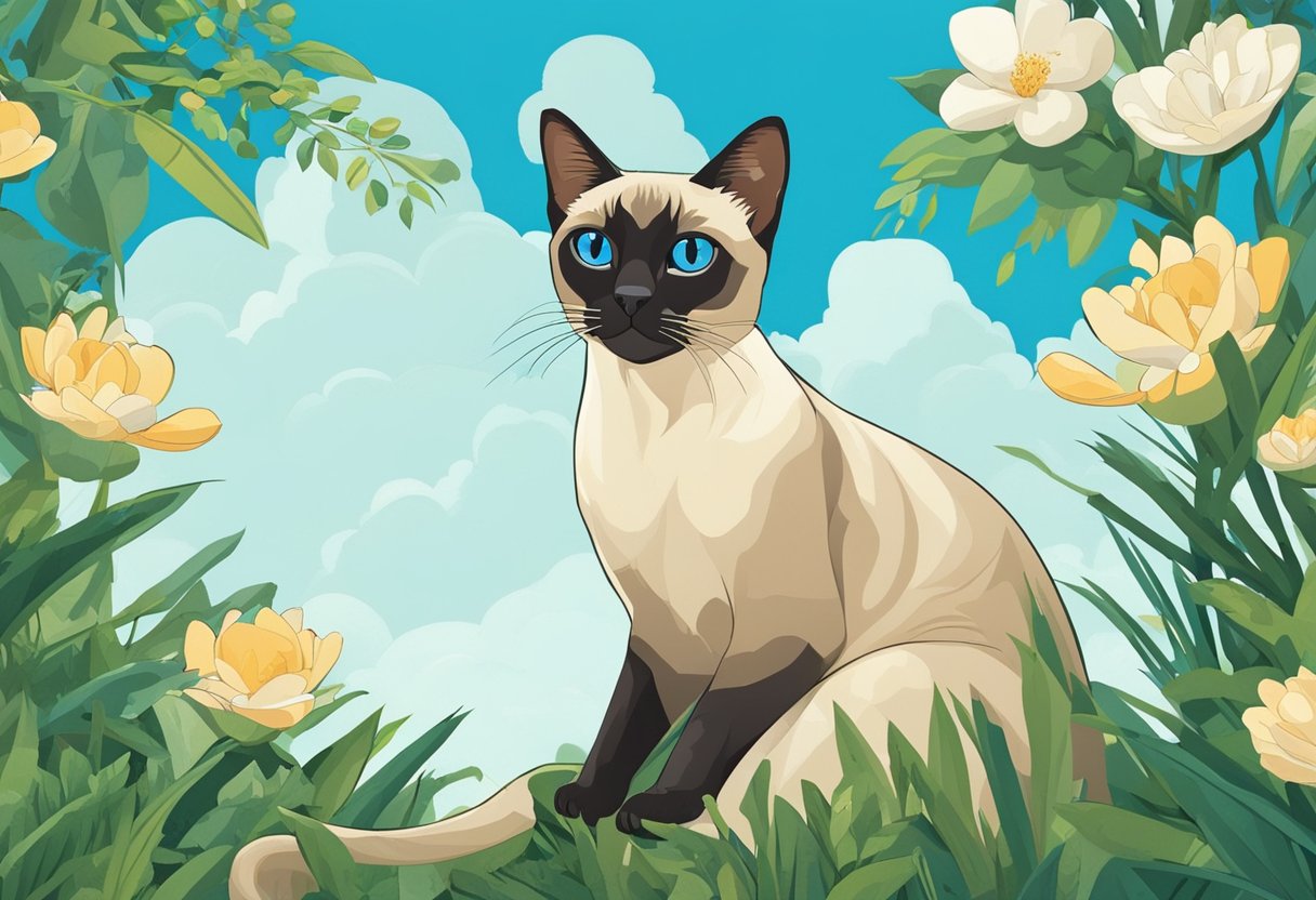 A cross-eyed Siamese cat sits against a backdrop of a serene blue sky, surrounded by lush greenery, with a contemplative expression on its face