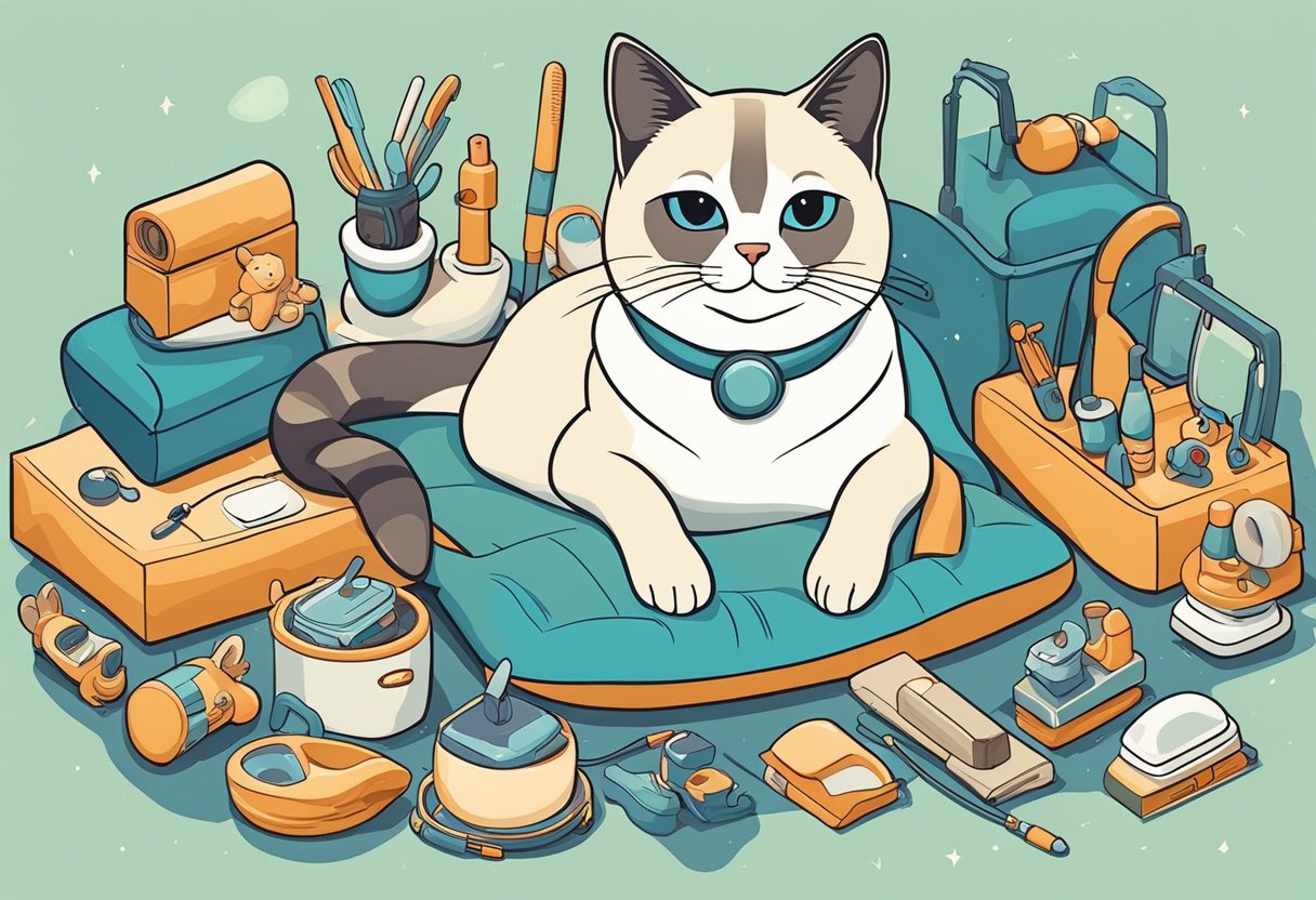 A contented Siamese cat lounges on a plush pillow, surrounded by toys and grooming tools. The room is filled with natural light and soothing music, creating a peaceful and nurturing environment