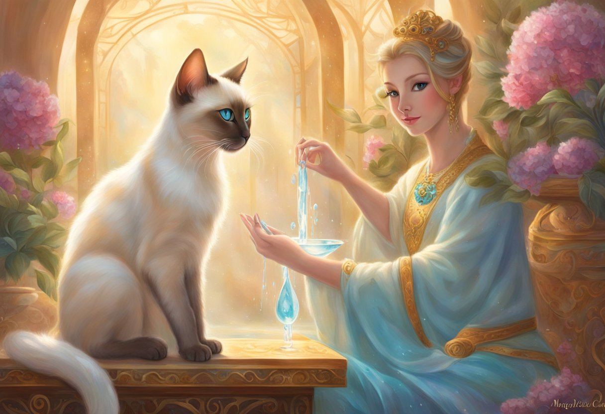 A Siamese cat is being groomed with water, its sleek fur glistening as it leans into the gentle touch of the groomer