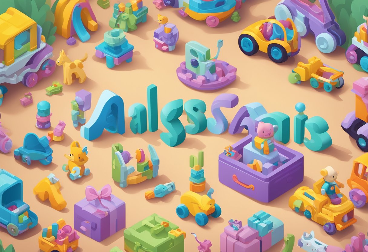 Alistair's name written in colorful, playful font, surrounded by toys and baby items