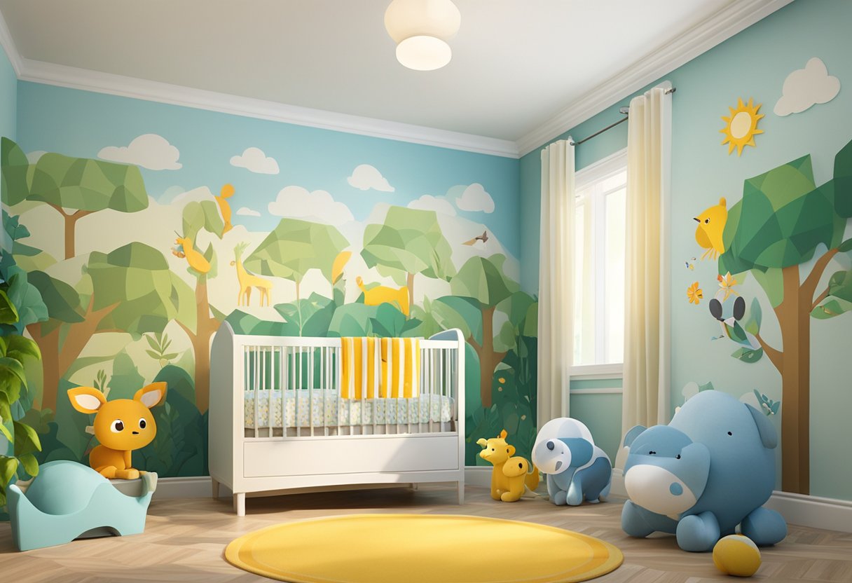 Alec's name written in colorful block letters on a baby's nursery wall, surrounded by playful animal and nature-themed decorations