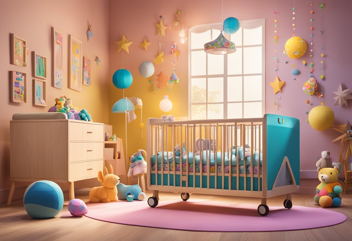 A crib with the name "Alivia" written in colorful letters, surrounded by toys and a mobile with bright, cheerful designs