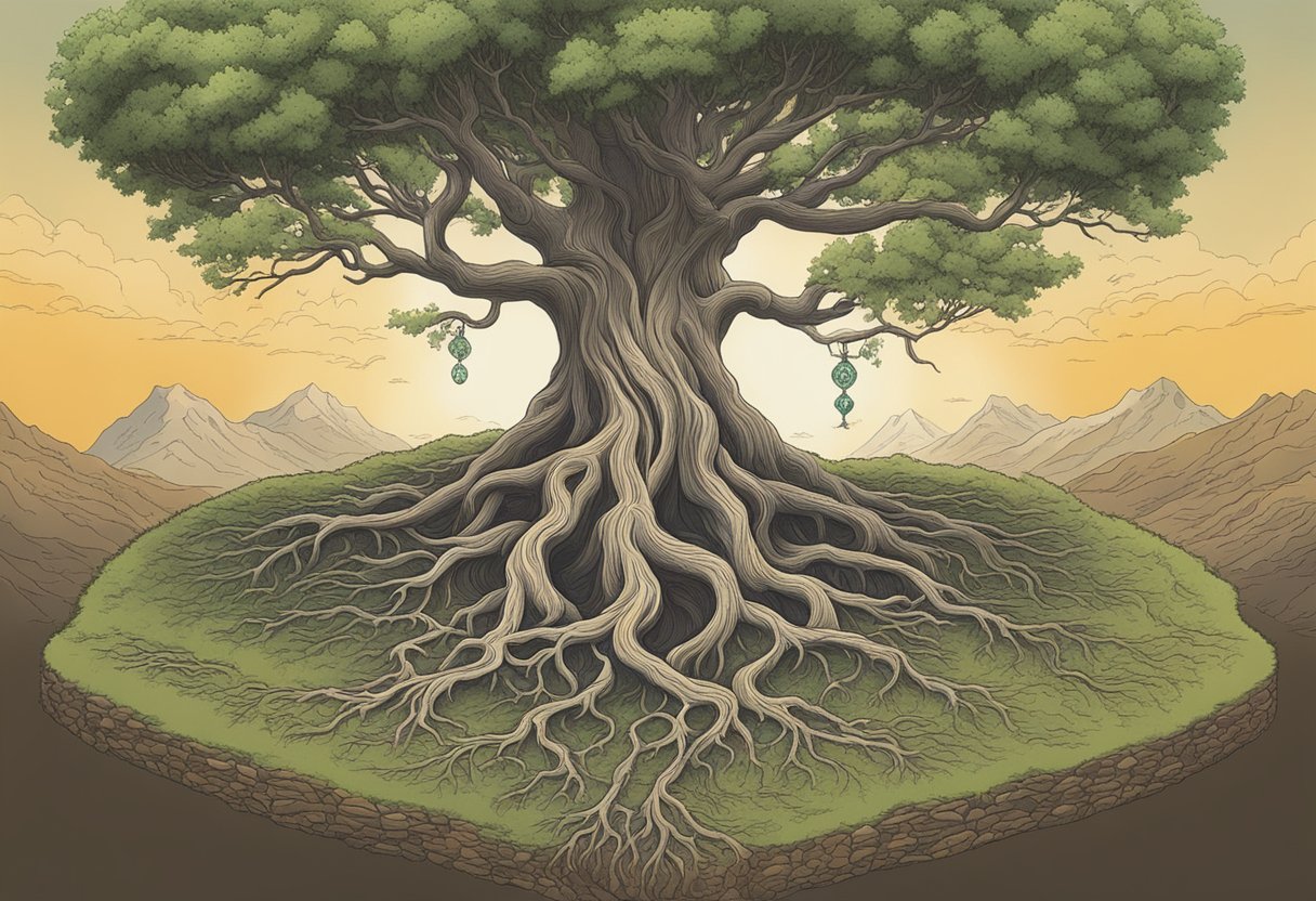 A tree with roots reaching deep into the earth, surrounded by symbols of different cultures and alternative spellings of the name "Alivia."