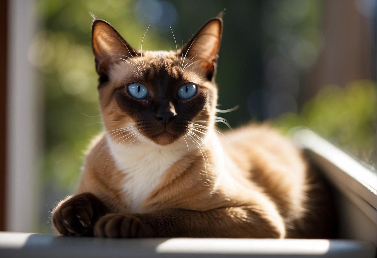 A cinnamon Siamese cat lounges on a sunlit windowsill, gazing out at the world with piercing blue eyes