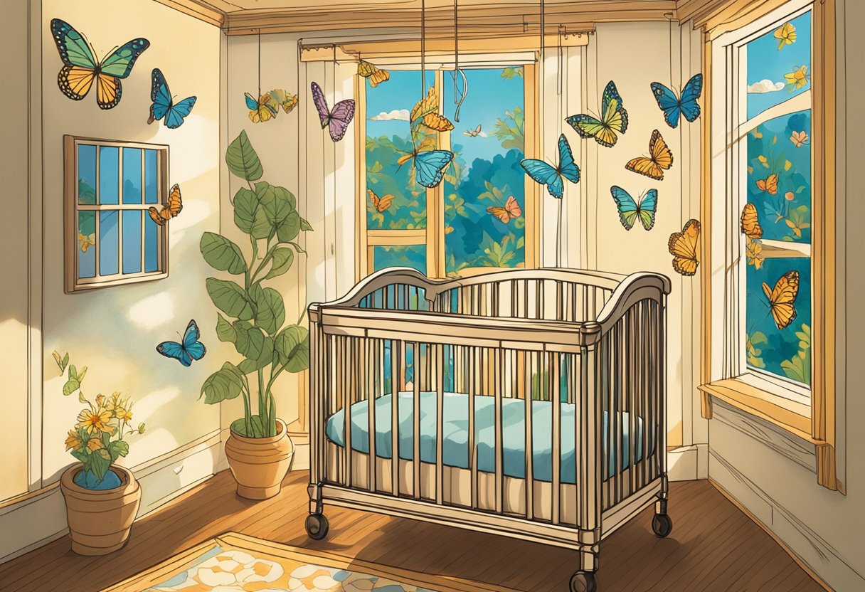 A colorful mobile of butterflies and flowers hangs above a crib labeled "Aliyah." Sunlight streams through the window, casting a warm glow on the room