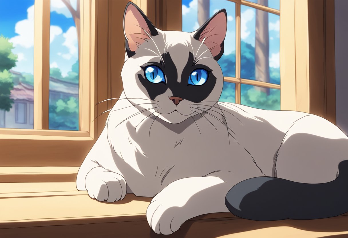 A sleek domestic cat with blue almond-shaped eyes and a short, fine coat, closely related to the Siamese breed, lounging in a sunlit window sill