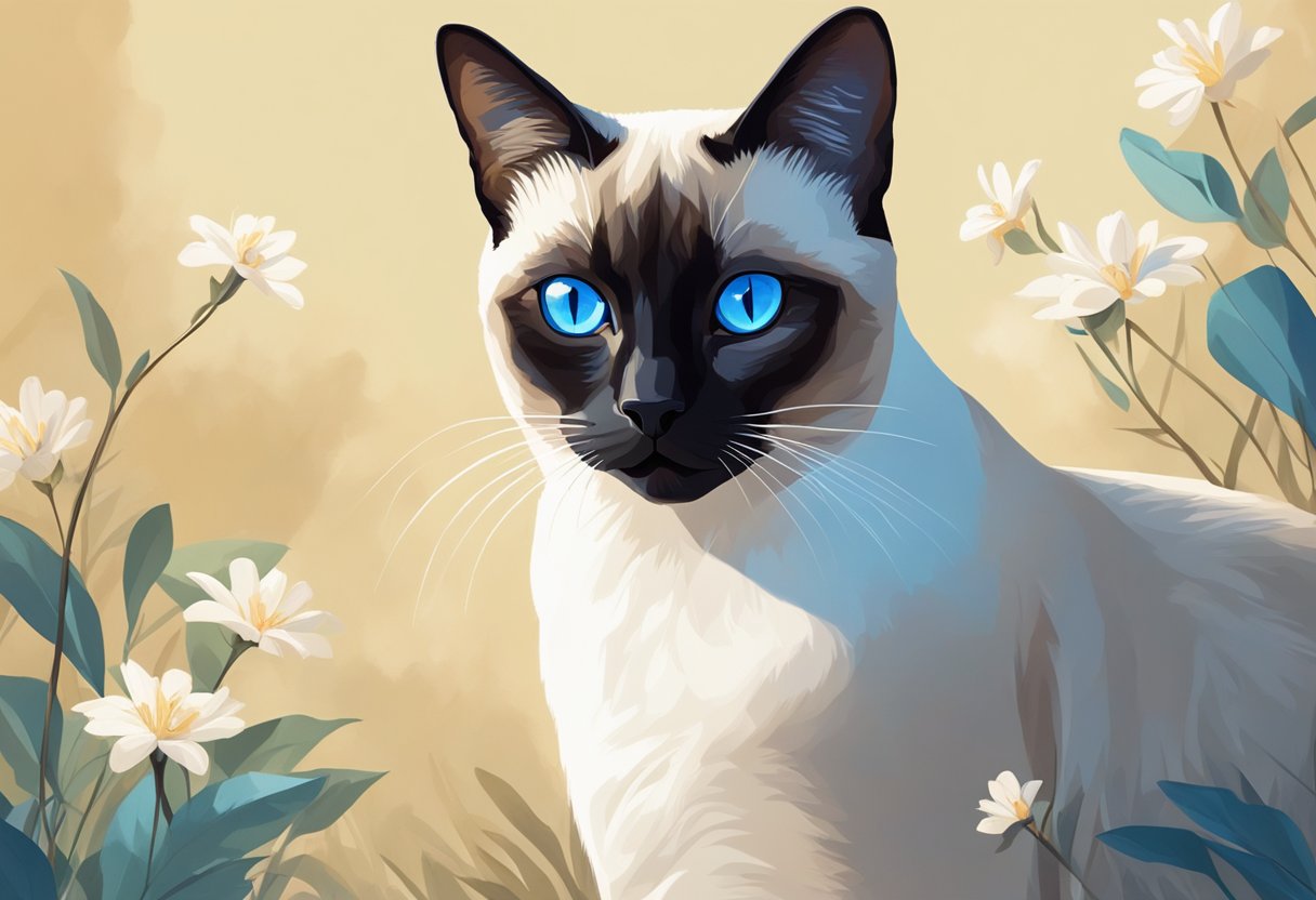 A Siamese cat with striking blue eyes stares confidently at the viewer, its sleek coat glistening in the sunlight. A regal posture and graceful stance exude confidence and elegance