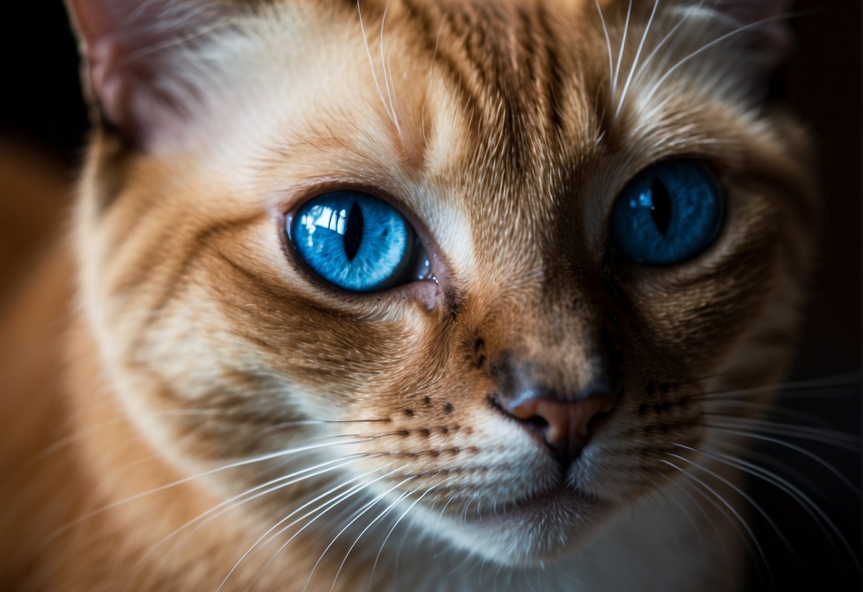 A spotlight shines on a regal Cinnamon Siamese cat, highlighting its elegant features and striking blue eyes