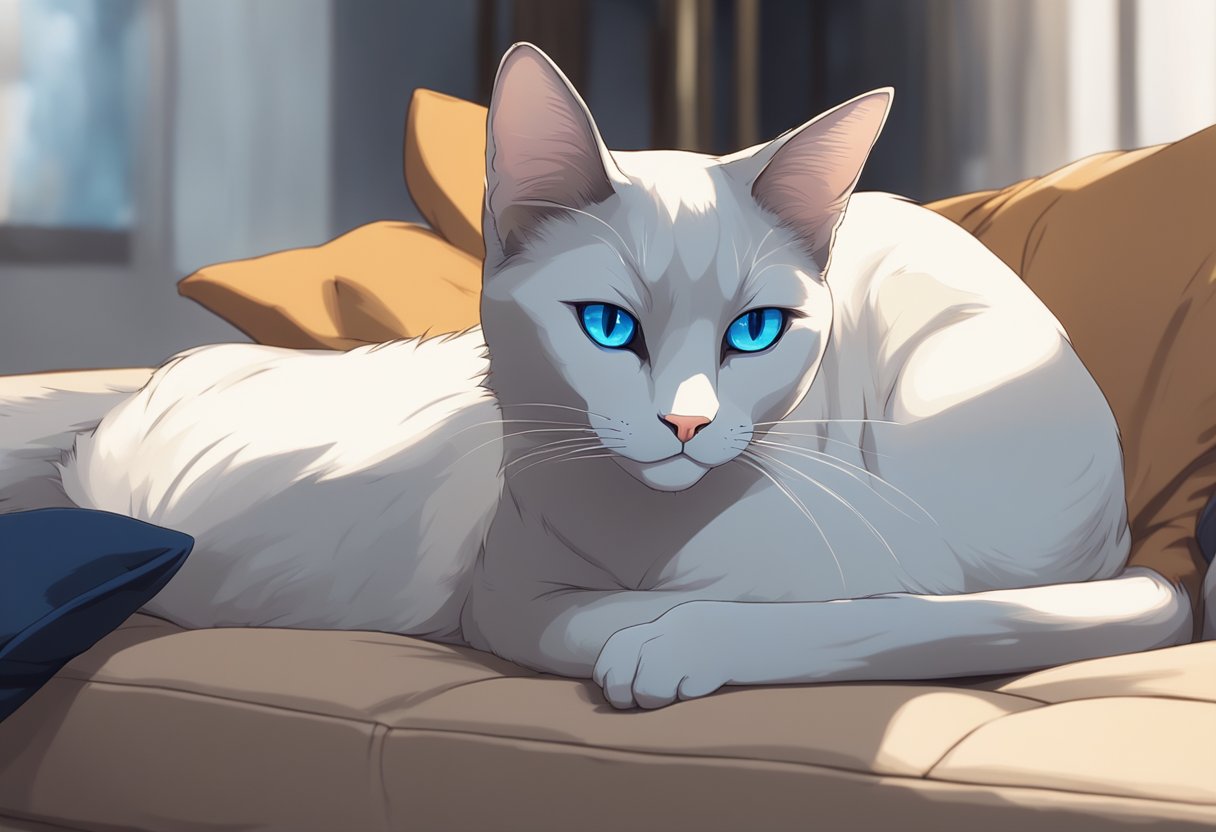 A sleek, slender domestic cat with pointed ears and striking blue eyes, closely related to the Siamese breed, lounges gracefully on a plush cushion, its tail elegantly draped over the edge